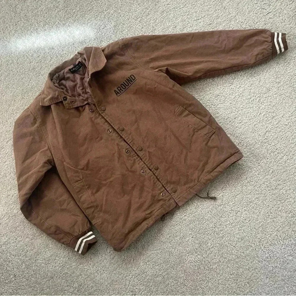 Reborn & Audi Streetwear (Around) Snap Jacket Coat Me Large Brown Striped Trim - Picture 1 of 12